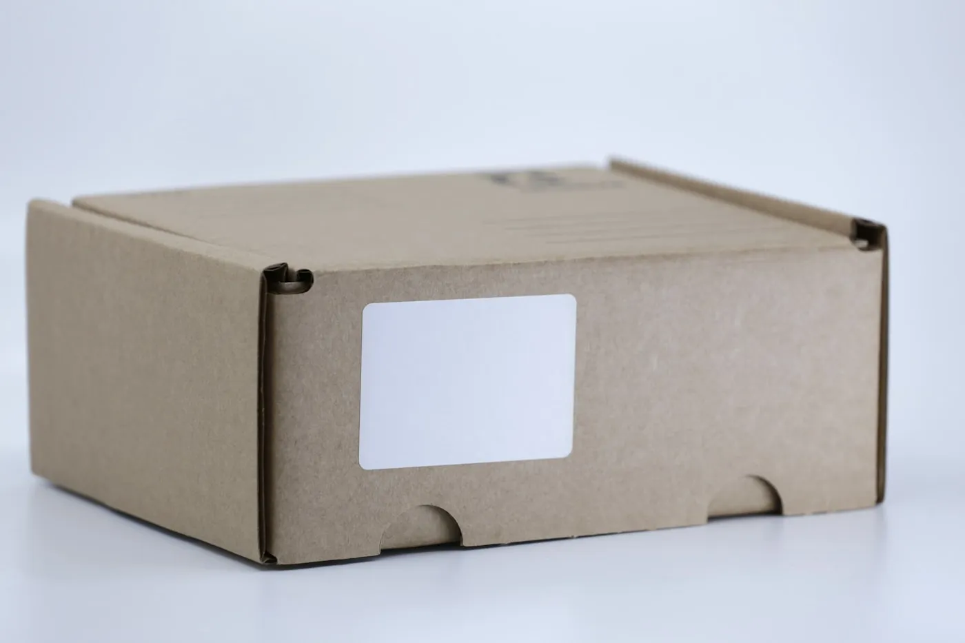 A plain kraft shipping box with a blank white label
